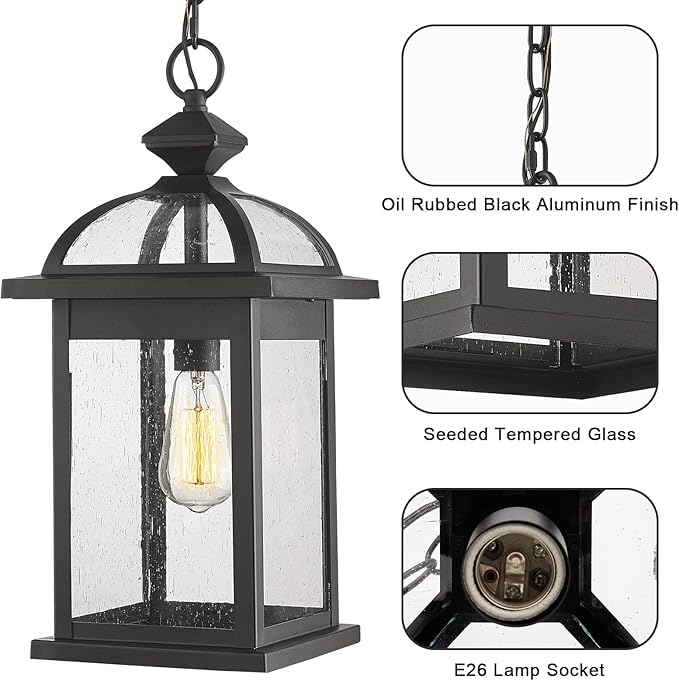 Darkaway Outdoor Pendant Light Fixture Lantern, Large 20inch Hanging Porch Light with Glass Aluminum Outdoor Pendant Lights for Porch, Patio, Entryway (Large, Black)