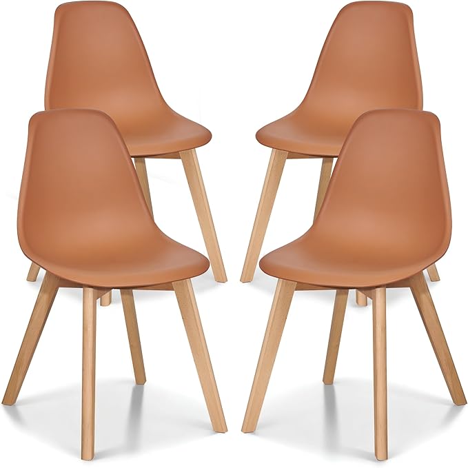 VECELO Dining Chairs Set of 4, Mid-Century Modern Kitchen & Dining Room Chairs, Molded Plastic Seat & Back, Solid Wood Legs, Armless, Non-Slip Feet, Orange