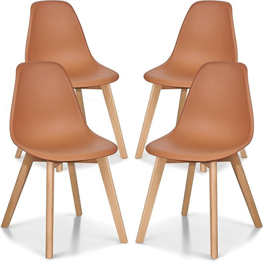 VECELO Dining Chairs Set of 4, Mid-Century Modern Kitchen & Dining Room Chairs, Molded Plastic Seat & Back, Solid Wood Legs, Armless, Non-Slip Feet, Orange