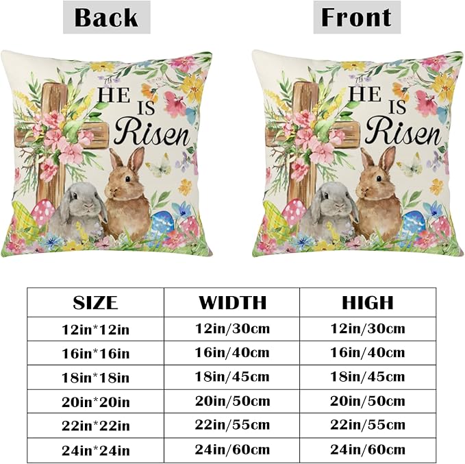 He is Risen Easter Bunny Pillow Covers 22x22 Set of 2 Bunnies Floral Cross Throw Pillows Spring Rabbits Colorful Eggs Outdoor Farmhouse Pillow Case for Couch Home Sofa Bed Porch Decor