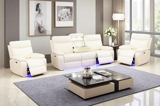 A Ainehome Power Recliner Sofa Set, Vanilla White Leather Reclining Couch & Chair Set, Living Room Furniture Sets, Luxury 3 Piece Living Room Furniture with Storage/Charging for Office/Home Theater