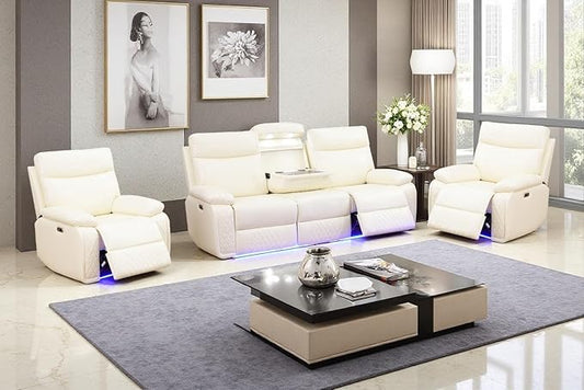 A Ainehome Power Recliner Sofa Set, Vanilla White Leather Reclining Couch & Chair Set, Living Room Furniture Sets, Luxury 3 Piece Living Room Furniture with Storage/Charging for Office/Home Theater