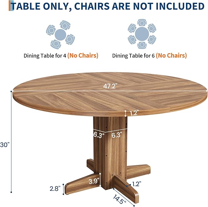 GAOMON Round Dining Table for 4-6 People,Circle Dining Table, 47 Inch Farmhouse Kitchen Table with Sturdy Pedestal Base,Finish Circle Table for Dining Room, Living Room, Apartment