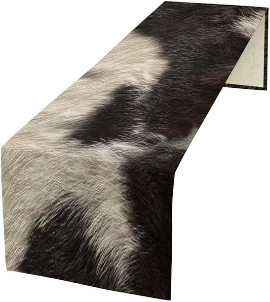 Cowhide Table Runner Black and White Milk Cow Western Style 3D Cow Fur Skin Texture Table Runner for Living Room Kitchen Dining Table Decoration 13x36in