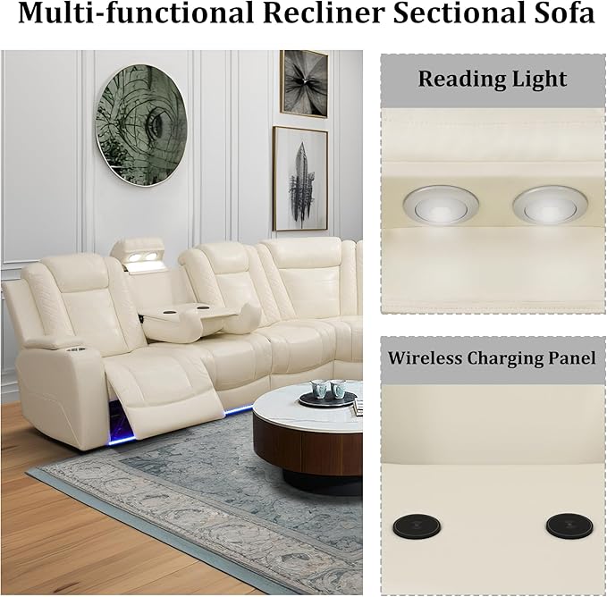 Power Recliner Sofa Set with LED, Breathing Leather Sectional Couch for Living Room, Living Room Furniture Set L Shaped Reclining Couch and Chair with Cup Holders&Storage (Cream White Upgraded)