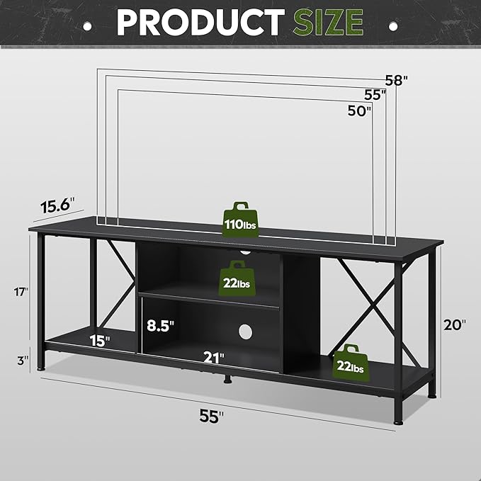 WLIVE Industrial TV Stand for Up to 65 inch TV, Heavy-Duty Metal Frame Entertainment Center with Adjustable Shelves & Cable Management, Media TV Console for Living Room Bedroom, Black