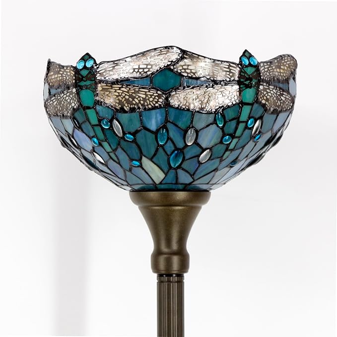 WERFACTORY Tiffany Floor Lamp Sea Blue Stained Glass Dragonfly Light 12X12X71 Inches Pole Torchiere Standing Corner Torch Uplight Decor Bedroom Living Room Home Office S147 Series