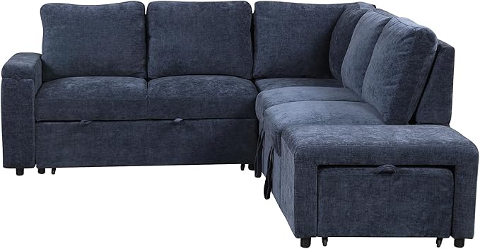 90.6" L-Shaped Modular Padded Cloud Sectional Fabric Sofa Set with Pull Out Bed, Convertible Sectional Couches w/Storage Space and USB Ports & Cup Holders on The Armrests,for Living Room,Blue