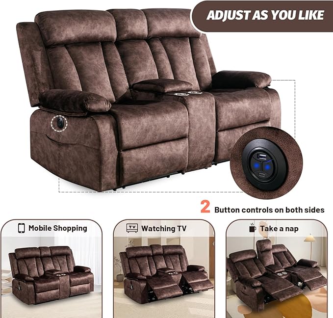 Power Reclining Loveseat with Console, Loveseat Recliner Sofa with Massage & Heat, Perfect Electric Couch for Living Room (Brown)
