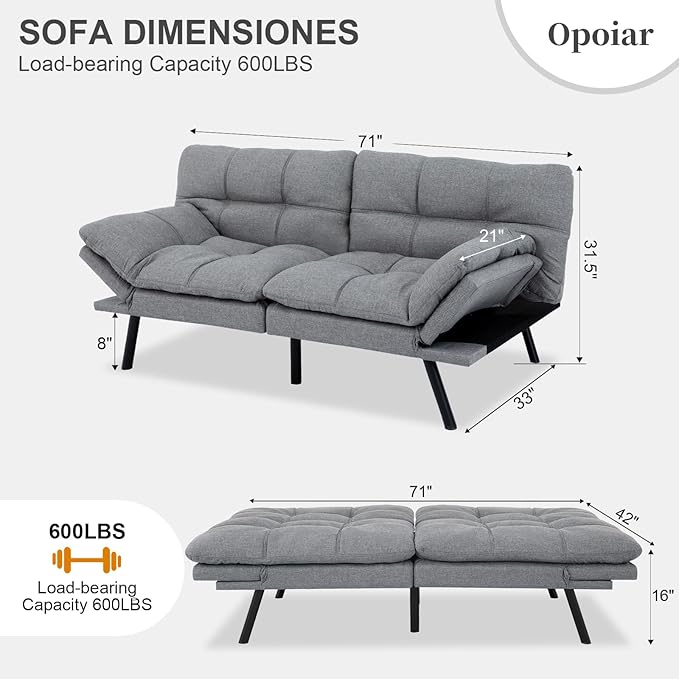 Opoiar Futon Sofa Bed Convertible Memory Foam Couch Bed Futon Sets Folding Modern Sleeper Sofa Gray Loveseat for Studio,Drom,Apartment,Game Room and Small Space