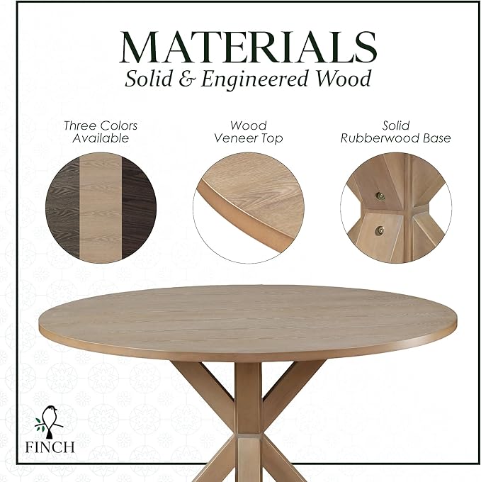 Finch Alfred Round Solid Wood Rustic Dining Table for Farmhouse Kitchen Room Decor, Wooden Trestle Pedestal Base, 46.5" Wide Circular Tabletop, Distressed Beige