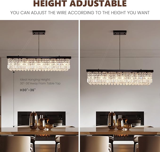 Modern Crystal Chandelier for Dining Room,10-Light Black Rectangle Pendant Ceiling Light Fixture for Kitchen Island Bar, L47 x W10 x H10
