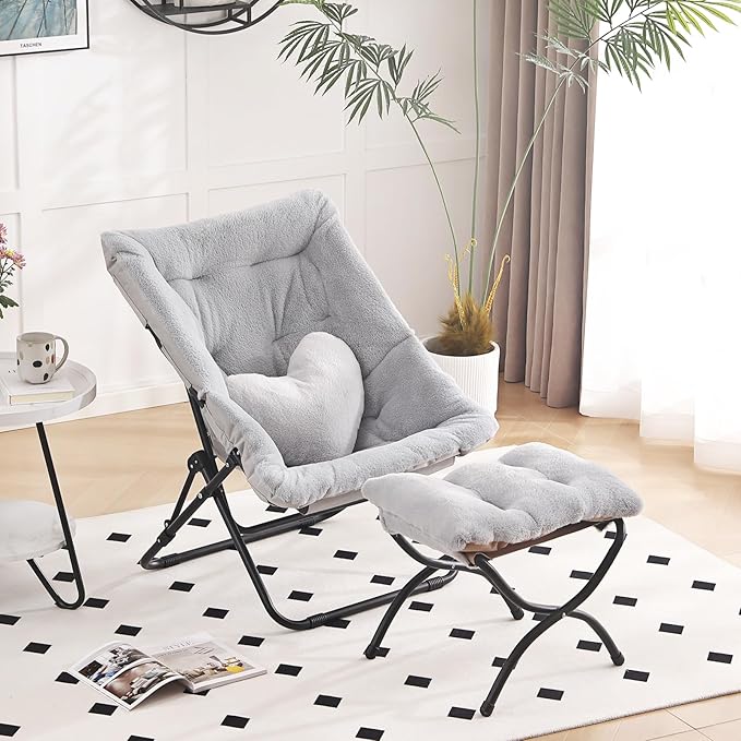 Comfy Saucer Chair with Ottoman, Oversized Folding Faux Fur Chair Soft Furry Lazy Chair with Metal Frame Moon Chair Accent Chair for Bedroom, Living Room, Dorm Rooms, Grey