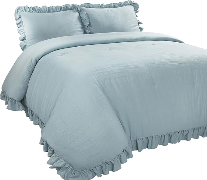 Lush Decor Reyna Ruffle Comforter Set, King, Lake Blue, 3 Piece Cozy Bedding Set