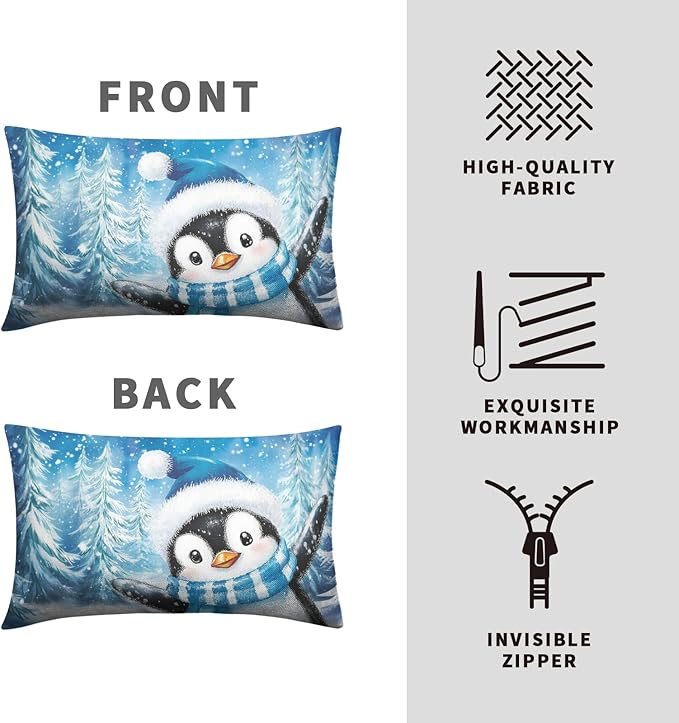 Winter Blue Outdoor Pillow Covers 12x20 Set of 2 Christmas Penguin Snowflake Lumbar Throw Pillow Covers Xmas Winter Holiday Rectangle Pillow Cases for Farmhouse Living Room Decor