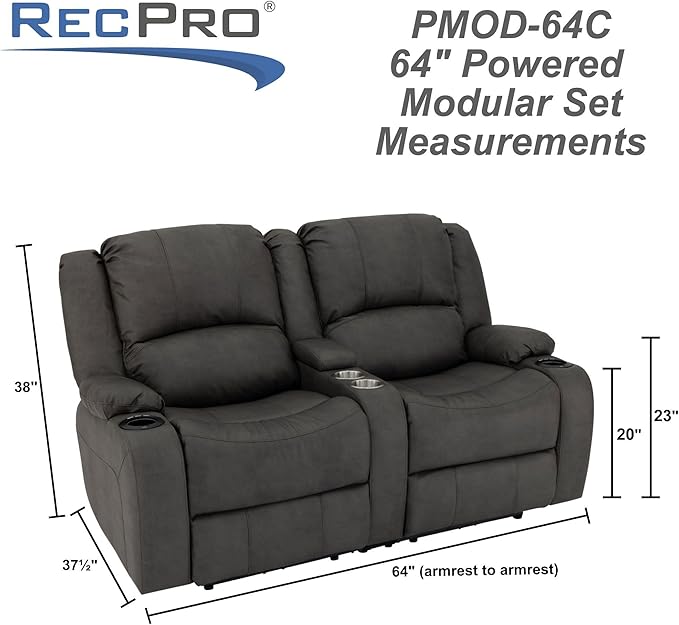 RecPro Charles 64" Powered Recliner RV Sofa with Console and Cupholders | Zero Wall Loveseat for Camper | Wall Hugger Couch with 2023 Updated Fabric (Gunmetal)