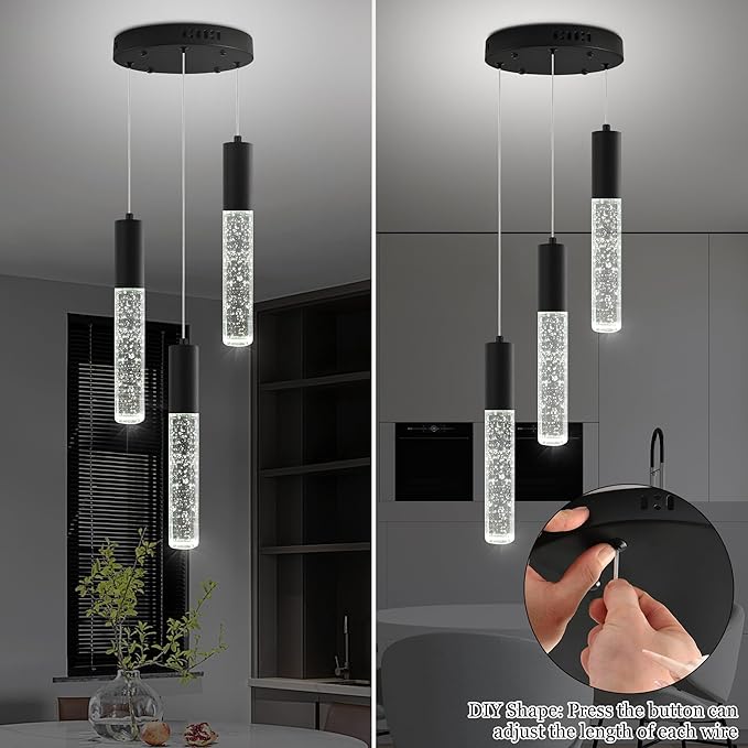 Modern Crystal Chandelier for Kitchen Island 3-Lights, Elegant Black LED Bubble Pendant Lighting Fixture for Dining Room Bedroom Entryway