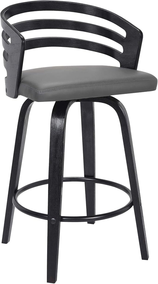 Armen Living Jayden Modern 26" Seat Height Swivel Grey Faux Leather and Black Wood Bar Stool for Kitchen Island Counter