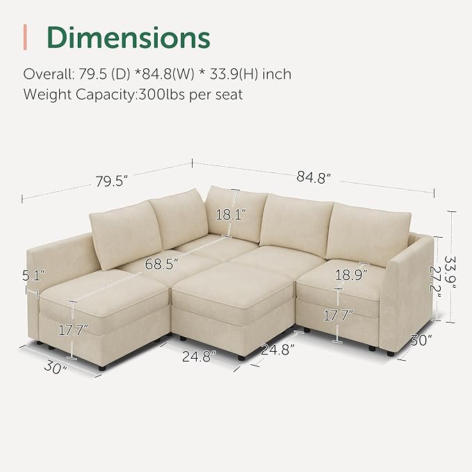HONBAY Modular Sectional Sofa L Shaped Sectional Couch with Storage, Convertible Couches for Living Room - Beige