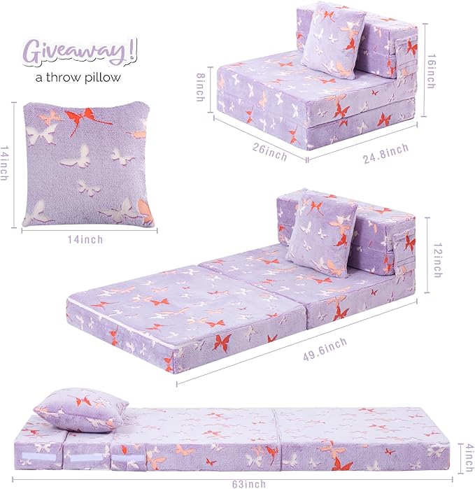 MeMoreCool Foldable Futon Chair Bed for Kids, Glow Tri-fold Sofa Bed Convertible Toddler Sofa Mattress, Foam Floor Couch for Sitting, Purple