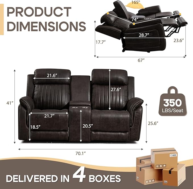 Zero Gravity Power Reclining Loveseat Sofa with Adjustable Headrests, Power Loveseat Recliner with Console, Electric 2-Seater Recliner Couch for Living Room (Foil Fabric, Charcoal Grey)