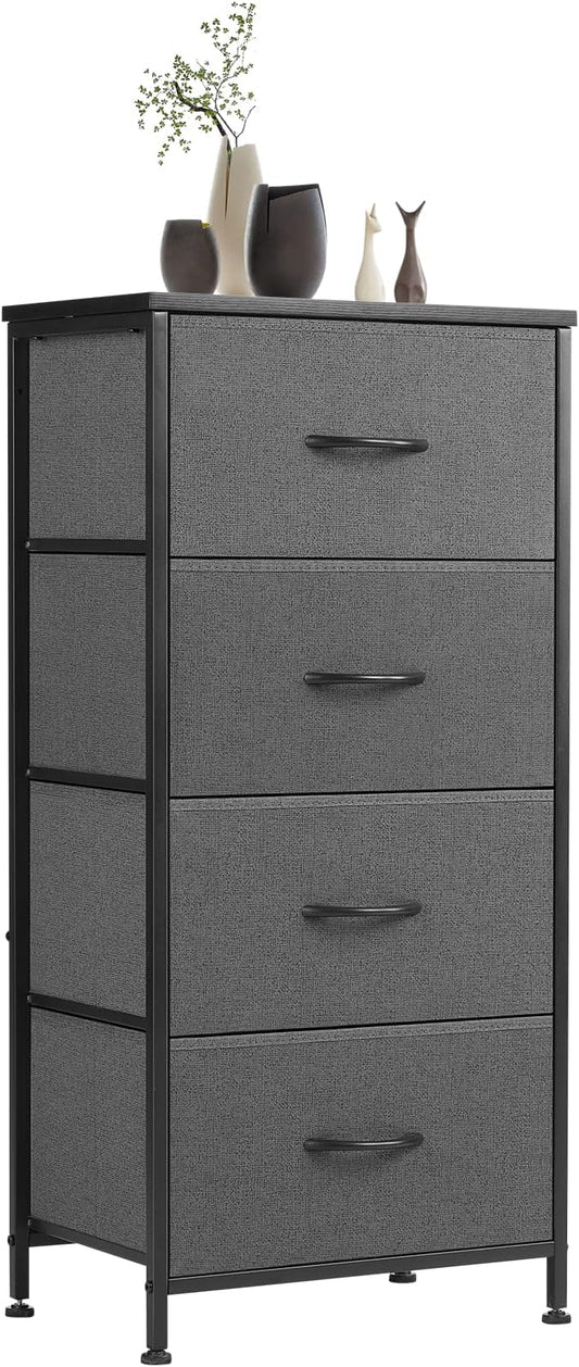 Sweetcrispy Dresser for Bedroom, Storage Drawers, Skinny Fabric Storage Tower with 4 Drawers, Tower Organizer Unit, Chest of Drawers with Wooden Top for Closet,Entryway,Grey