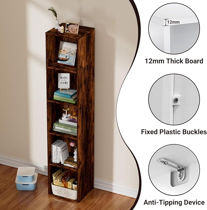 5 Tier Bookshelf, Open Tall Narrow Floor Standing Bookcase, Wooden Book Shelf Display Organizer for Home Office, Study (Retro Brown, 5 Cube)