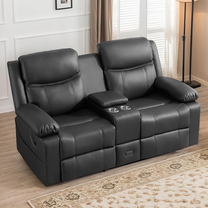 Reclining Loveseat Recliner Sofa with Massage & Heating, Reclining Loveseat with Console, RV Wall Hugger Double Loveseat Recliner Couch for Living Room & Home Theater (Grey)