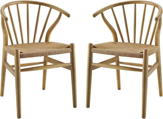 Modway Flourish Mid-Century Modern Rustic Farmhouse Wood Dining Chair Set of 2 in Natural