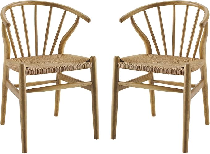 Modway Flourish Mid-Century Modern Rustic Farmhouse Wood Dining Chair Set of 2 in Natural