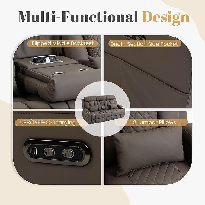 2-Piece Power Reclining Sofa Set, 3-Seater Sofa with Drop-Down Console & 2-Seater Loveseat, Zero Wall Hugger Electric Recliner Couch with Adjustable Headrest, AC Outlets (Brown, 3+2 Set)