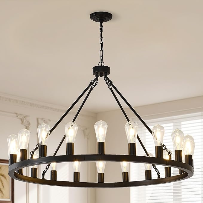 NILSE 40-Inch Large Black Wagon Wheel Chandelier 20-Light, Modern Chandelier for Living Room, Rustic Farmhouse Chandeliers for Entryway, Bedroom, Dining Room, Foyer, E26