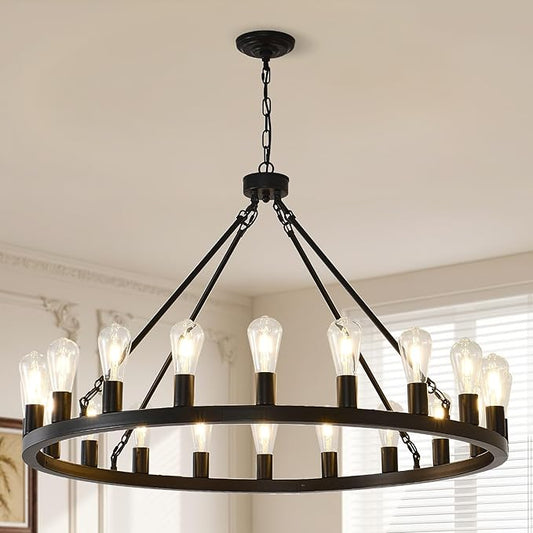 NILSE 40-Inch Large Black Wagon Wheel Chandelier 20-Light, Modern Chandelier for Living Room, Rustic Farmhouse Chandeliers for Entryway, Bedroom, Dining Room, Foyer, E26
