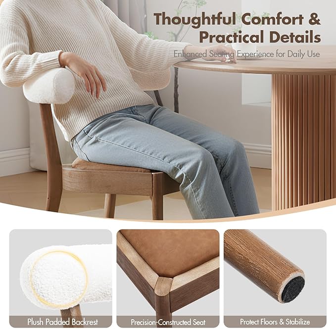 Kmax Dining Room Chairs Mid-Century Modern Leather Kitchen Chairs with Natural Walnut Finished Frame, Fur White Curved Back, 2-Pcs Set, PU Brown