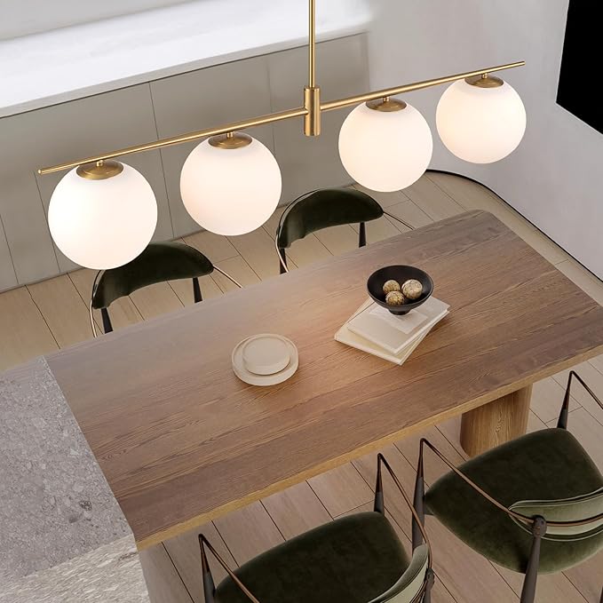 45.3" Modern Linear Chandelier 4-Lights Milk Glass Globe Linear Pendant Light Fixture Brushed Gold Mid Century Chandelier Kitchen Island Dining Room Light Fixture Over Table