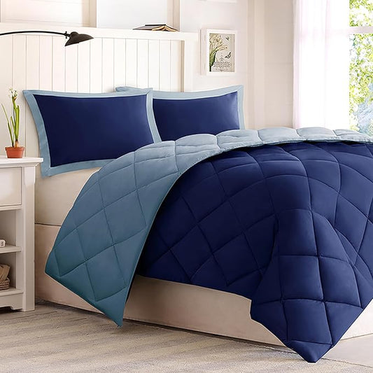 Madison Park - BASI10-0199 Larkspur All Season Reversible Two Sides Down Alternative Set 3M Stain Release Comforters, Full/Queen, Navy/Light Blue