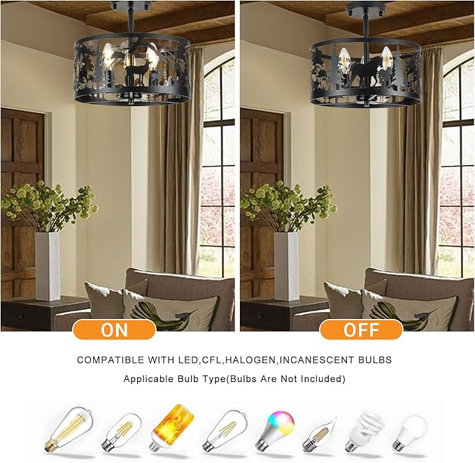 Farmhouse Rustic Ceiling Light Fixtures-Deer & Horse Design, 3-Light Round E26 Base Black Metal Fixture for Kitchen, Living Room,Foyer, Bedroom, Hallway(Bulbs not Included)