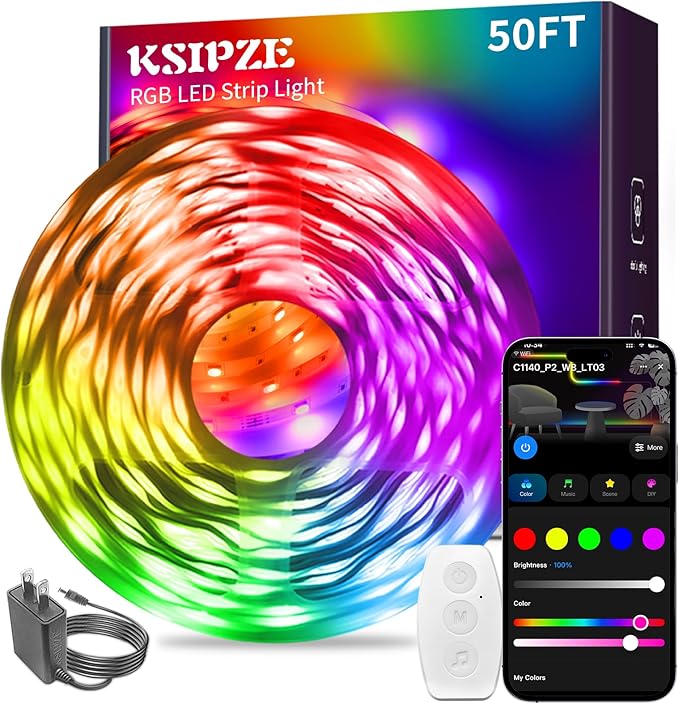 KSIPZE Smart WiFi LED Strip Lights 50FT, RGB+IC LED Lights for Bedroom, APP Control LED Lights Work with Alexa, Music Sync, DIY, Flexible Color Changing LED Strip Lighting for Home Room Decor