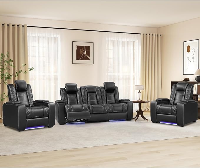 ANJ Power Recliner Sofa Set, Faux Leather Reclining Living Room Furniture Set, Included 2PCS Recliner Chair and 3 Seat Recline Sofa