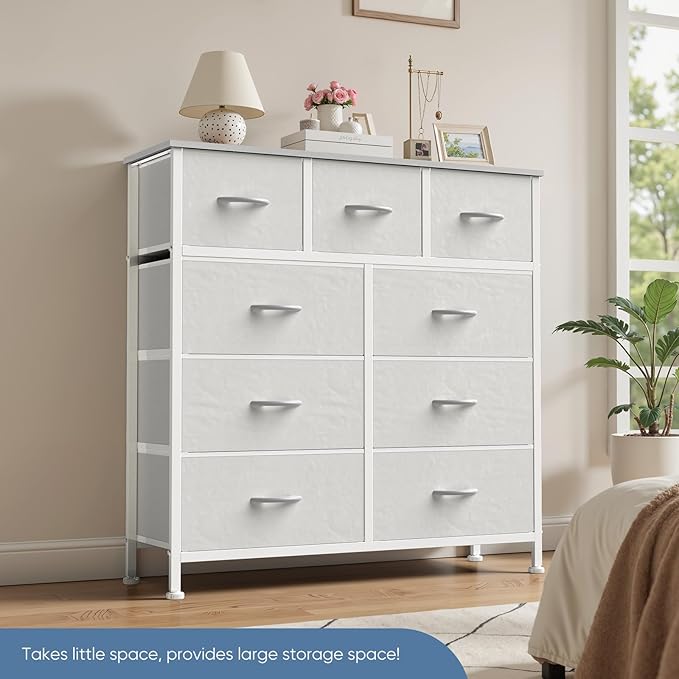 DUMOS 9 Drawer Dresser for Bedroom, Fabric Storage Organizer with Sturdy Metal Frame, Wooden Top Chest of Drawers for Closet Entryway Guest Room,White