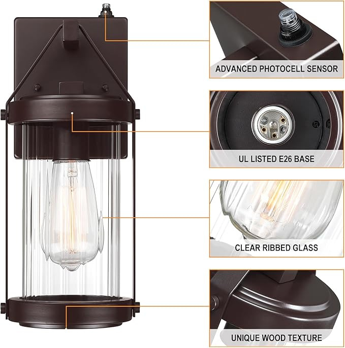 LONEDRUID 2 Pack Dusk to Dawn Sensor Outdoor Wall Sconce Lighting Waterproof Exterior Porch Lantern Rustic Outside Garage Light Fixtures Wall Mount for House Patio Front Door