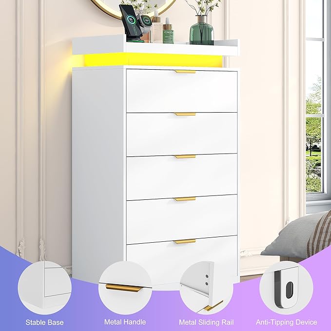 Tall Dresser for Bedroom, White Dresser with LED Lights, Wood 5 Drawer Chest with Power Outlet, Modern Chest of Drawers for Bedroom, Entryway, Hallway