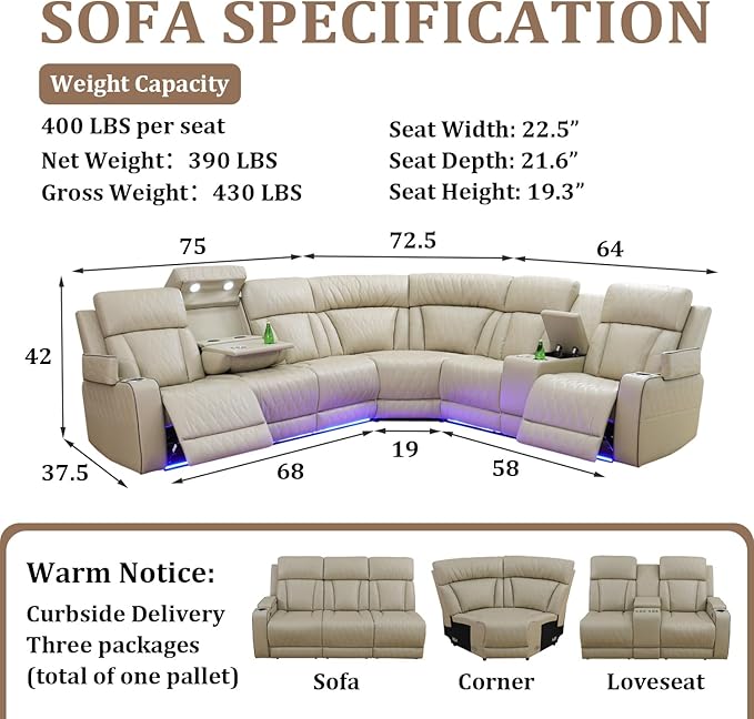 Power Reclining Sectional Sofa Set with LED Lights, Vegan Leather Recliner Sectional Couch for Living Room Furniture,Wireless Charging/USB Charging/Reading Lamp/Armrest Storage,Beige