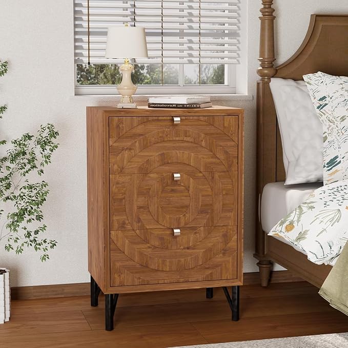 COSIEST Nightstand, Rustic End Table with 3 Drawers, Vintage Wood Bedside Table with Strudy Legs, Modern Side Table Accent Nightstand for Bedroom, Living Room