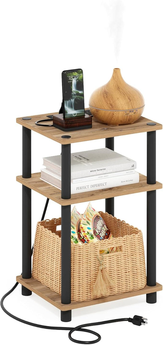 Furinno Just 3-Tier Turn-N-Tube USB and Type-C Charging Port End Table with Open Storage, 11.42 (W) x 8.82 (H) x 6.77 (D) inches, Flagstaff Oak/Black