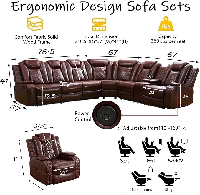 Power Reclining Sectional Sofa Set with LED, Living Room Furniture Sets, Leather Recliner Couch for Living Room/Home Theater, Sectional Couch and Chair with 3 Recliners, USB Port/Hide-Away Storage