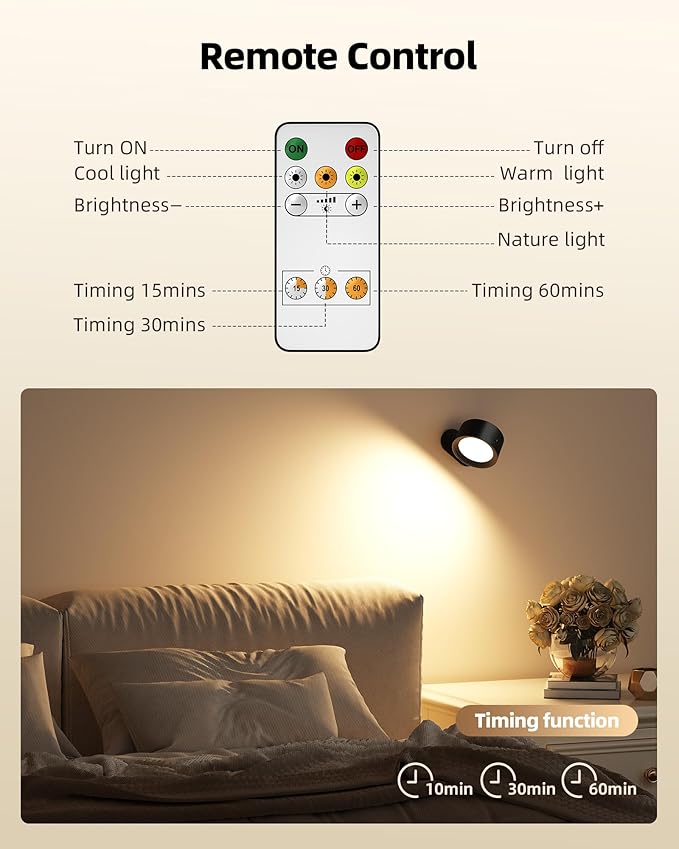 LED Wall Mounted Lights,Rechargeable Wall Sconces Lamp for Bedroom,3 Color Temps & Remote and Touch Control,360°Rotation Dimmable Cordless (2 Pack)