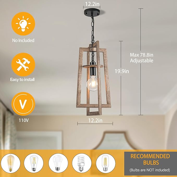 12.3'' Dining Room Light Fixtures Wood Pendant Light Adjustable Farmhouse Chandelier Semi Flush Mount Ceiling Light for Kitchen Island Dining Room Entryway Living Room Entrance Hall