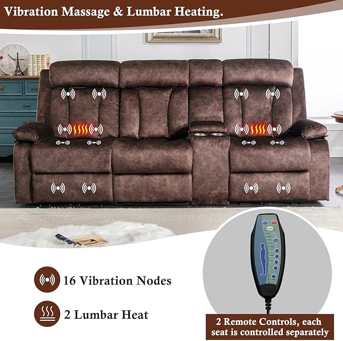 GUEAPY 3 Seat Power Reclining Sofa,Massage Reclining Couch with Heat–Power Reclining Couches with USB/Type-C Ports/Cup Holders/Storage/Console for Living Room,RV,Office, Aprtment (Warm Brown)
