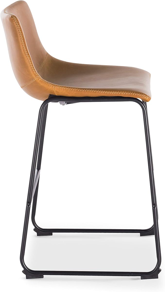 POLY & BARK Brinley Counter Stool Set of 3, Modern Armless Counter-Height Stools with Gently Curved Backrest and Wood Legs, Tan Faux Leather, for Kitchen Island or Breakfast Bar, 24" seat height